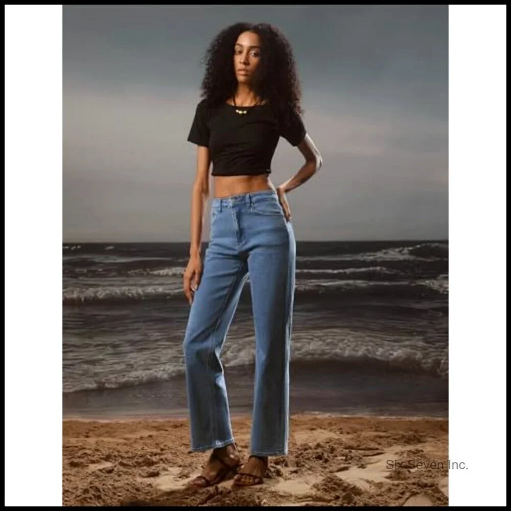 High Waisted Straight Leg Jeans Stretchy Denim Wide Leg Casual Fit